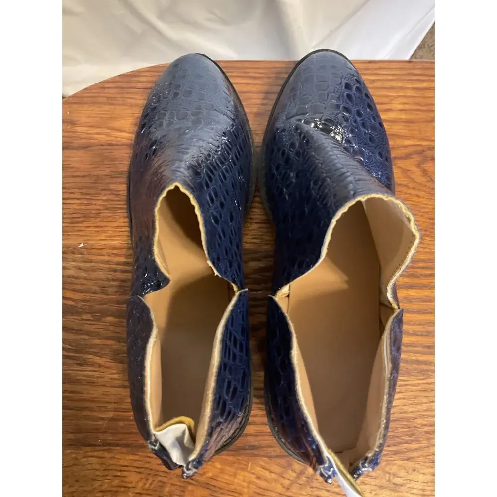 Women’s Navy Blue Croc Embossed Patent Ankle Booties US Size 7.5 EU 38 Back Zip